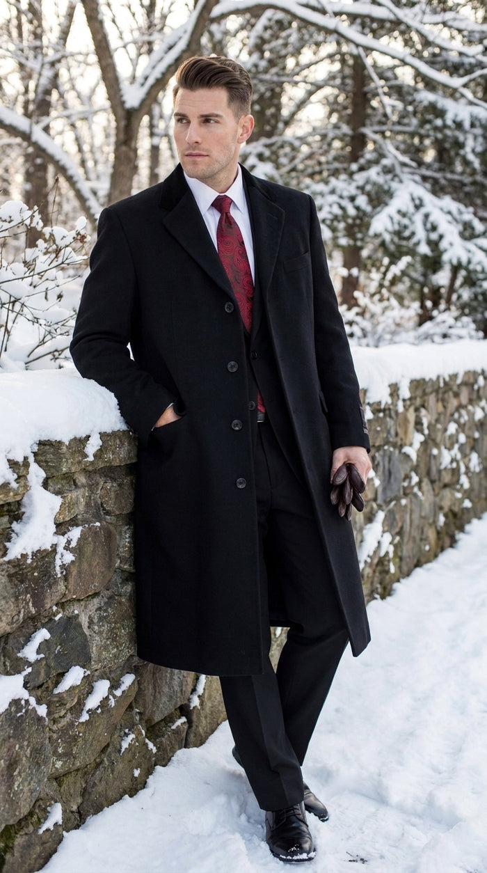Men’s Black Chesterfield Full Length Wool and Cashmere Overcoat, Formal Winter Dress Coat