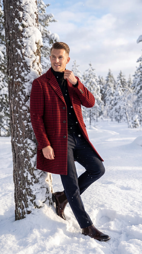 Men’s Red and Black Plaid Peacoat – Wool-Blend Houndstooth Winter Overcoat