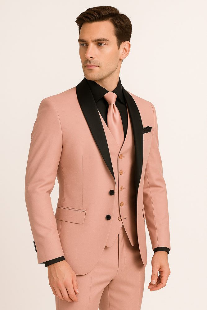 Men's Light Pink 3-Piece Tuxedo Suit with Black Satin Shawl Lapel – Formal Wear - Ultra Slim Fitted in Blush color