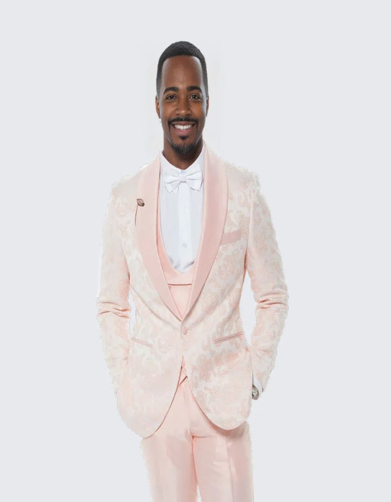 Men's Blush Pink Tuxedo with Floral Design Four Piece Set- Wedding - Prom 2025
