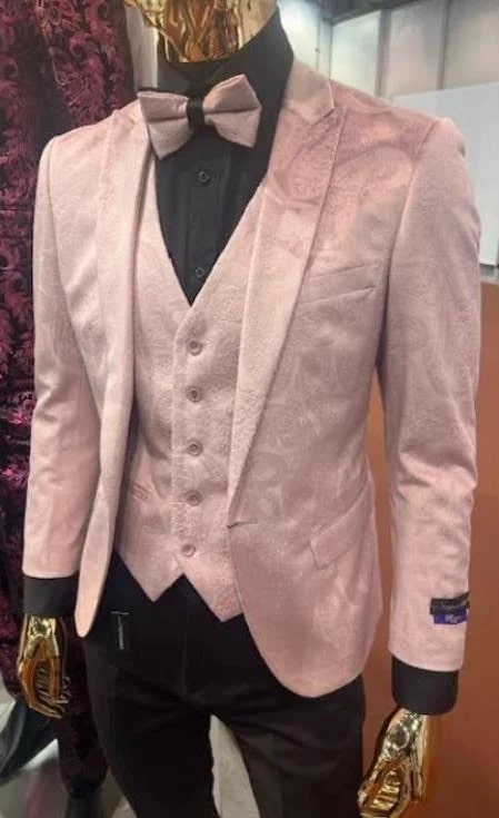 Pink Paisley Suit - Blush Color Slim Fitted Prom 2026 Suit With Bowtie Vest and Black Pants