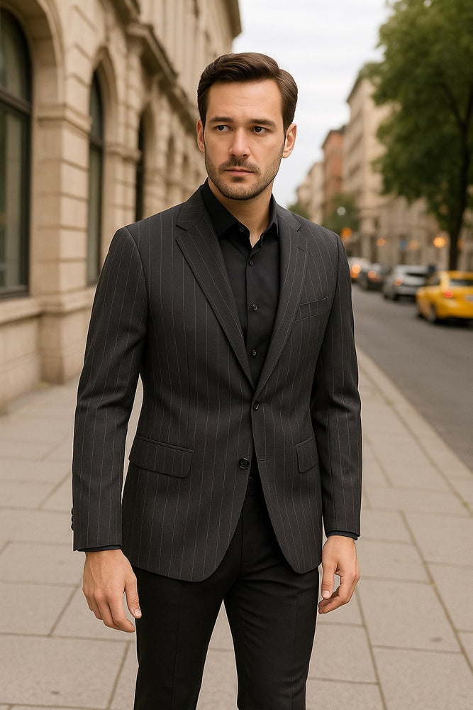 Pinstripe Blazer in Black Pinstripe Almost Dark Charcoal Grey Pinstripe Sport Coat - 1920s Pattern Sport Coat