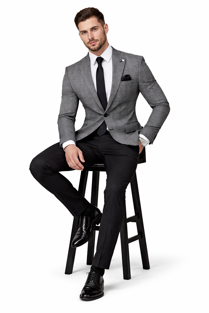 Plaid Blazer - Windowpane Blazer - Grey Blazer