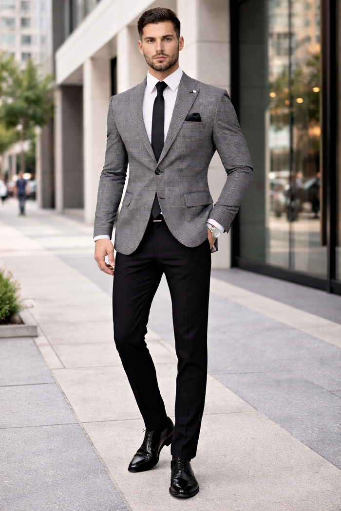 Plaid Blazer - Windowpane Blazer - Grey Blazer