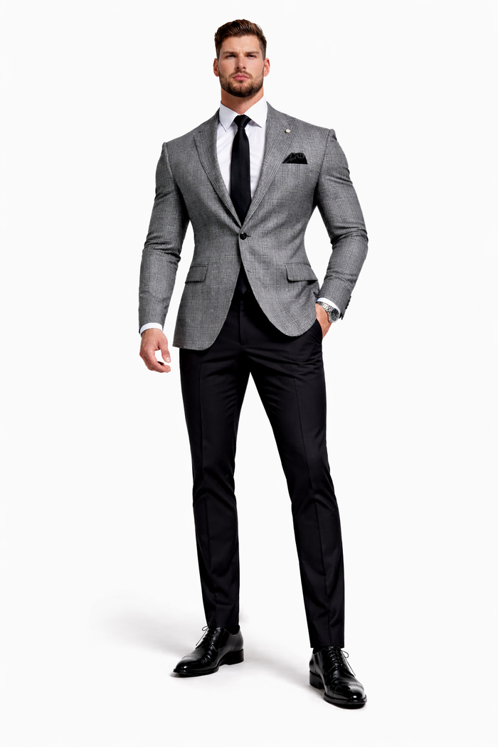 Plaid Blazer - Windowpane Blazer - Grey Blazer