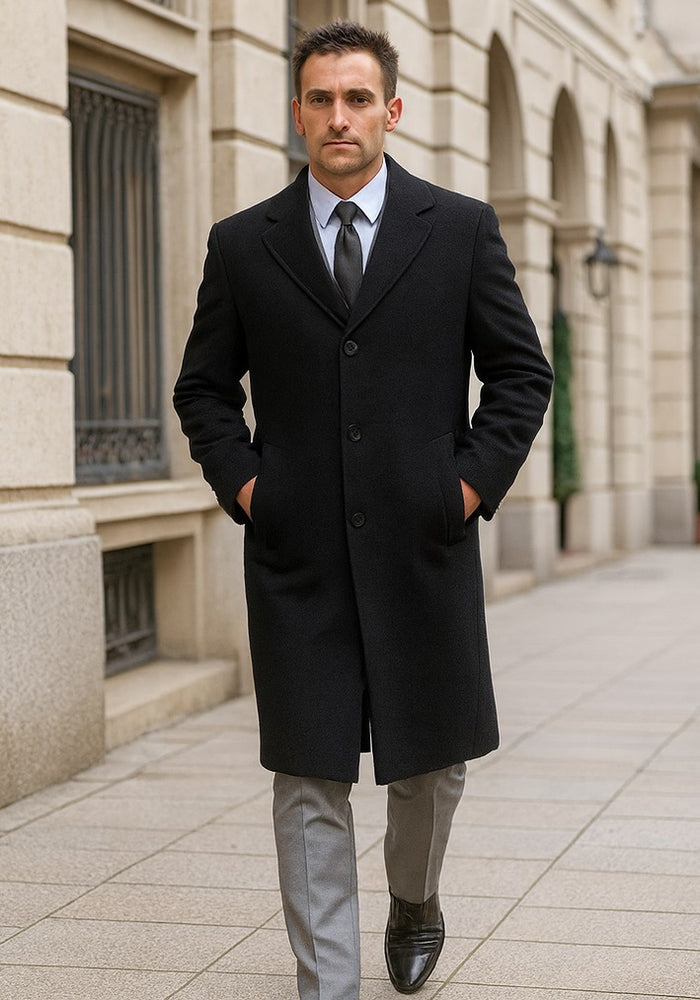 Men's Dress Coat Wool/Poly Charcoal Overcoat with slanted pockets