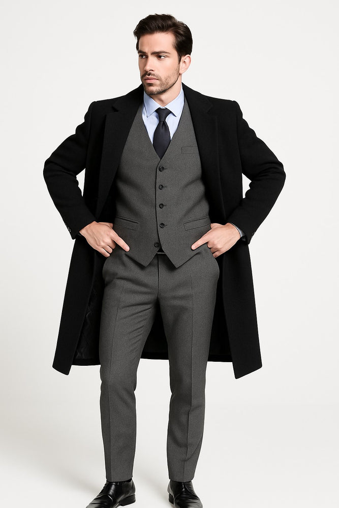 Men's Dress Coat Wool/Poly Charcoal Overcoat with slanted pockets