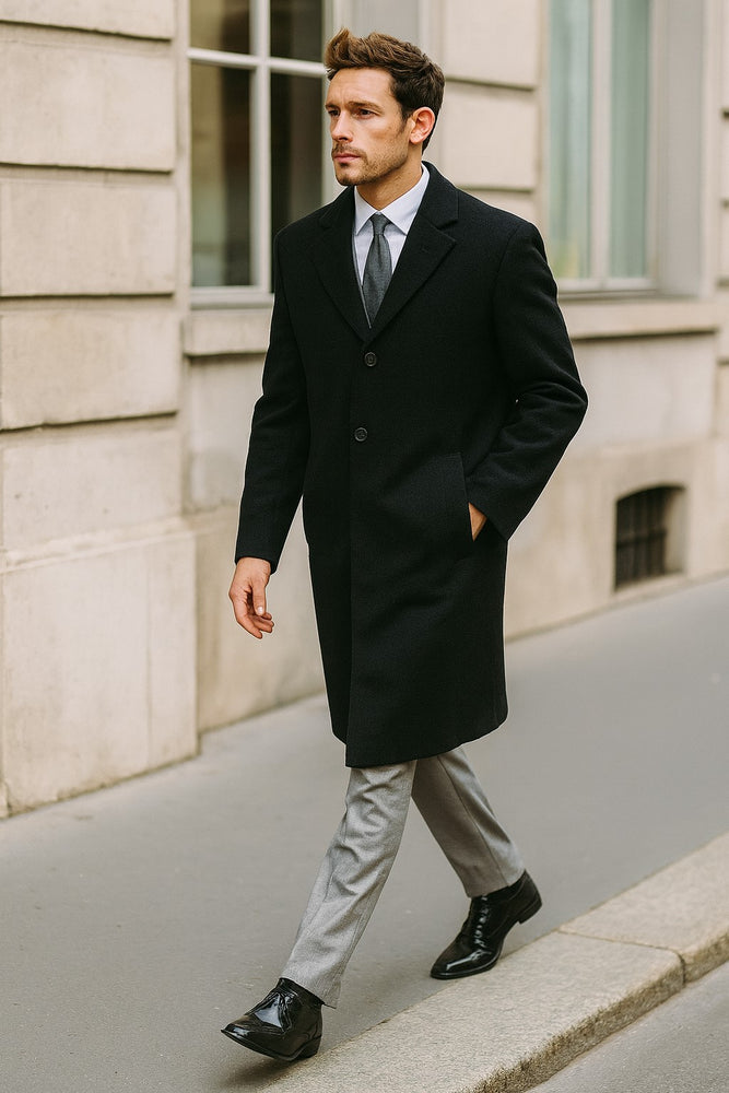 Men's Dress Coat Wool/Poly Charcoal Overcoat with slanted pockets