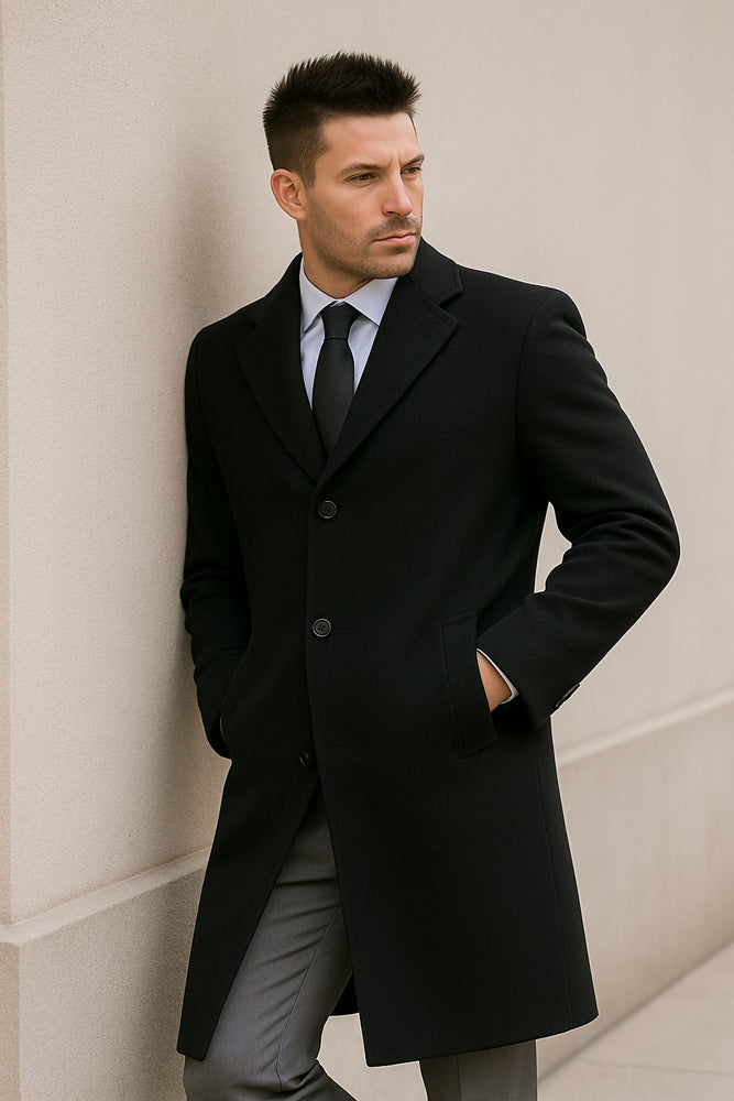 Men's Dress Coat Wool/Poly Charcoal Overcoat with slanted pockets