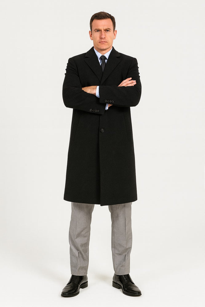 Men's Dress Coat Wool/Poly Charcoal Overcoat with slanted pockets