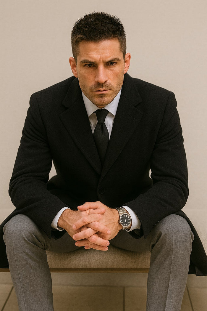 Men's Dress Coat Wool/Poly Charcoal Overcoat with slanted pockets