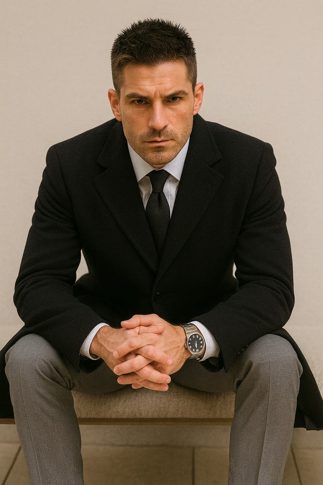 Men's Dress Coat Wool/Poly Charcoal Overcoat with slanted pockets