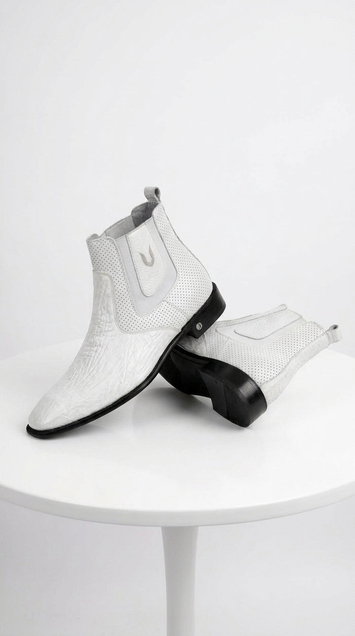 Men’s Handmade White Vestigium Sharkskin Chelsea Boots, Genuine Exotic Dress Ankle Boots