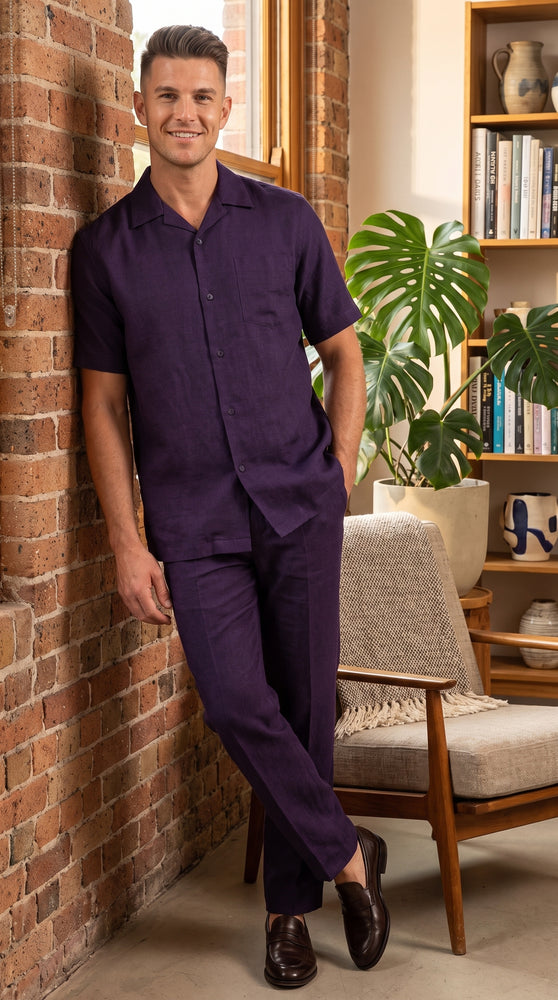 Men’s Dark Navy Linen Walking Suit, Short Sleeve Shirt and Pants Casual Summer Set