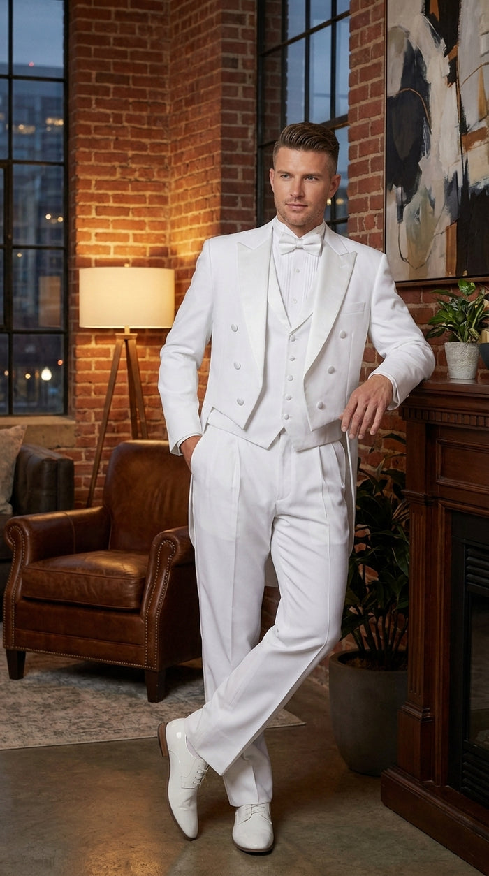 Men’s White Tailcoat Tuxedo with Lapelled Vest, Formal Wedding White Tie Tail Suit