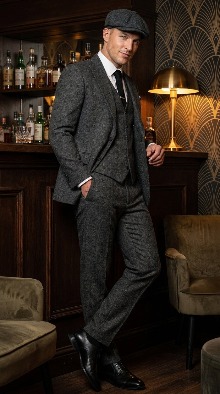 Men’s Charcoal Great Gatsby 3 Piece Suit, 1920s Gangster Vintage Formal Dress Suit