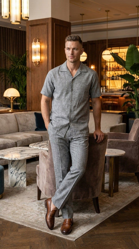 Men’s Grey Walking Suit, Casual Short Sleeve Shirt and Pants Set
