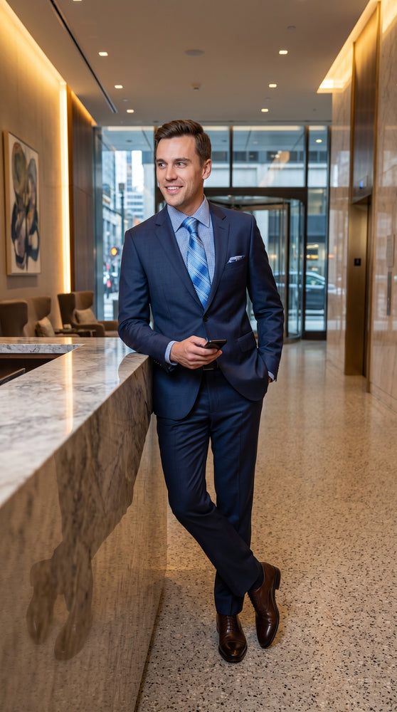 Bertolini Men’s French Blue Silk Blend 2-Piece Suit – High-End 2 Button Formal Wedding & Business Suit