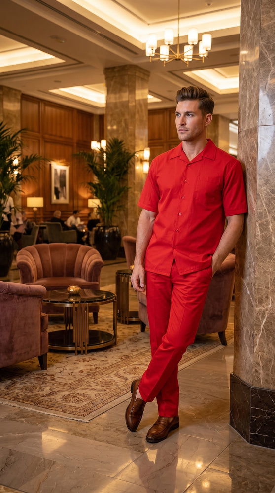 Men’s Red Linen Shirt and Pants Set – 2 Piece Short Sleeve Summer Walking Suit Casual Outfit