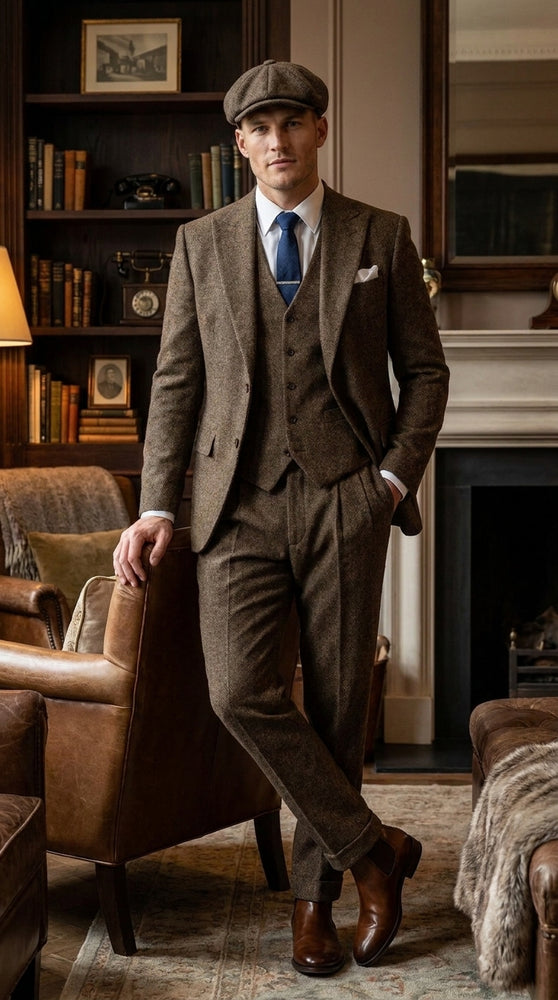 Men’s Brown Tweed Peaky Blinders Suit, Classic Vintage 3 Piece Gentleman’s Dress Suit