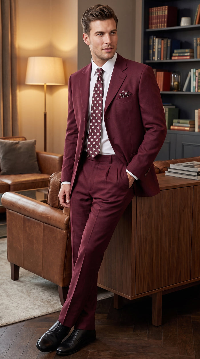 Men’s Burgundy 3 Button Textured Suit, Classic Fit Formal Wedding Business Suit with Pleated Pants