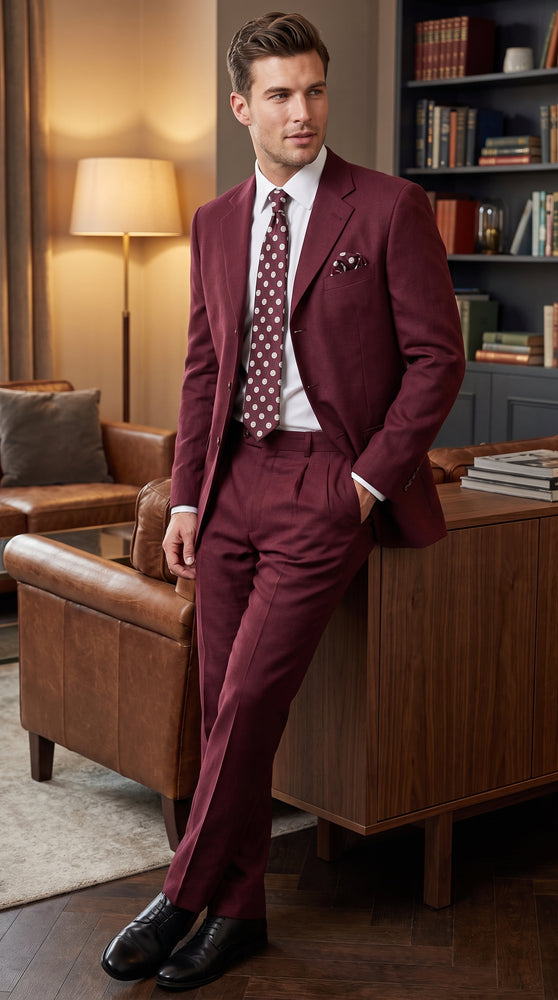 Men’s Burgundy 3 Button Textured Suit, Classic Fit Formal Wedding Business Suit with Pleated Pants