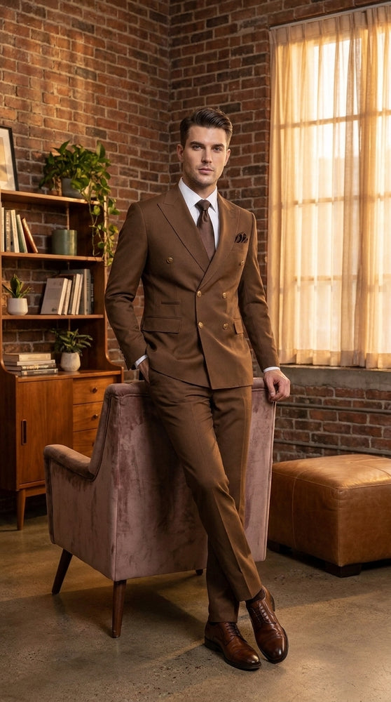 Rossi Man Men’s Brown Double Breasted Suit, Modern Fit Formal Wedding Business Dress Suit