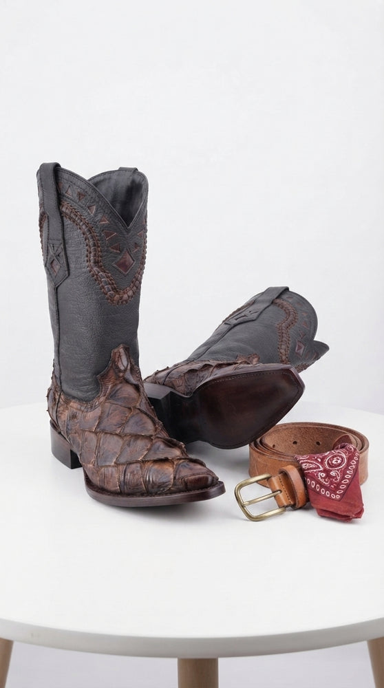 Men’s Brown Fish Skin Cowboy Boots, Exotic Western Dress Boots in Café Brown