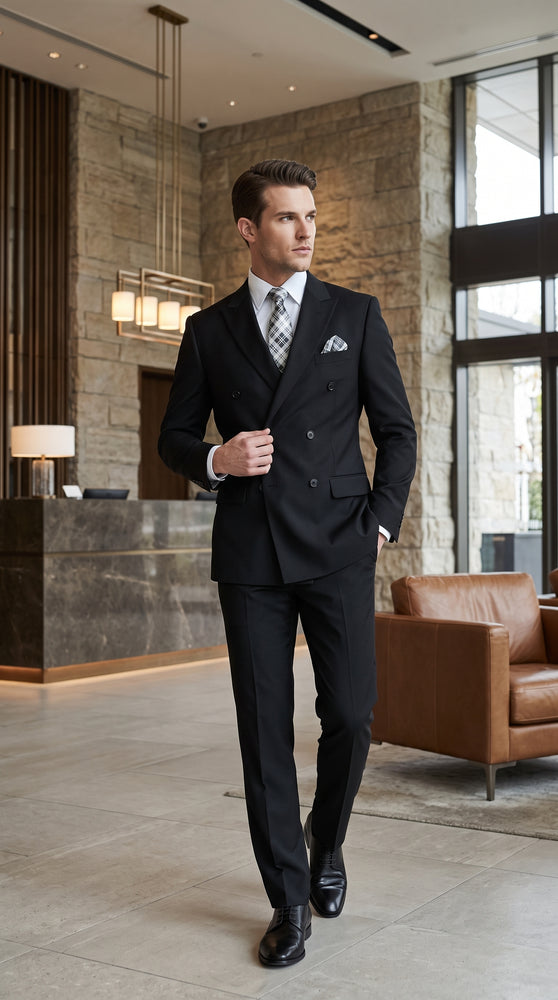 Statement Men’s Black 100% Wool Double Breasted 2 Piece Suit – Fashion Wedding & Formal Suit