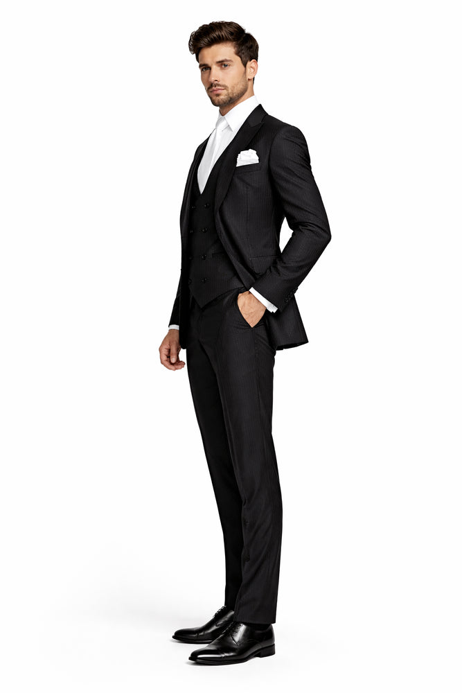 Midnight Onyx Textured 3-Piece Gala Suit with White Accents