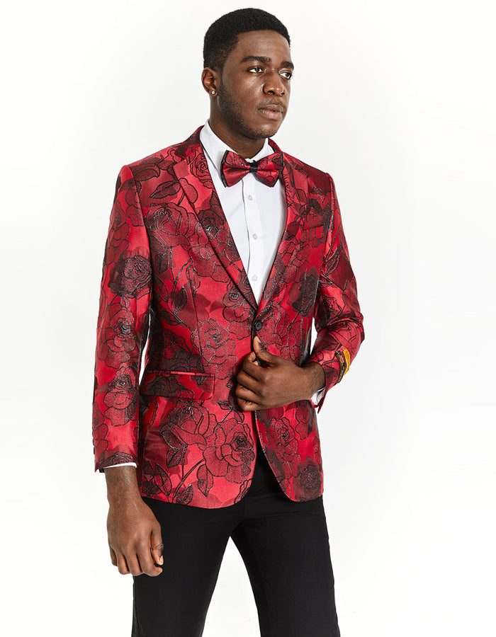 Mens Red Paisley Floral Prom 2026 Tuxedo Dinner Jacket