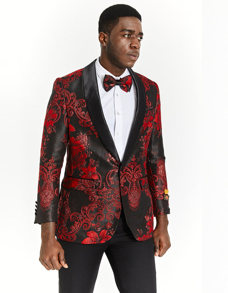Mens Black & Red Paisley Floral Prom 2025 Tuxedo Dinner Jacket