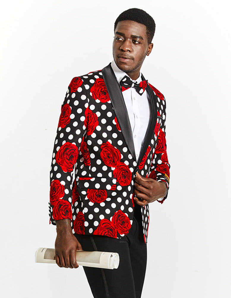 Mens Black & White Polka Dot Prom 2025 Tuxedo Blazer with Red Roses