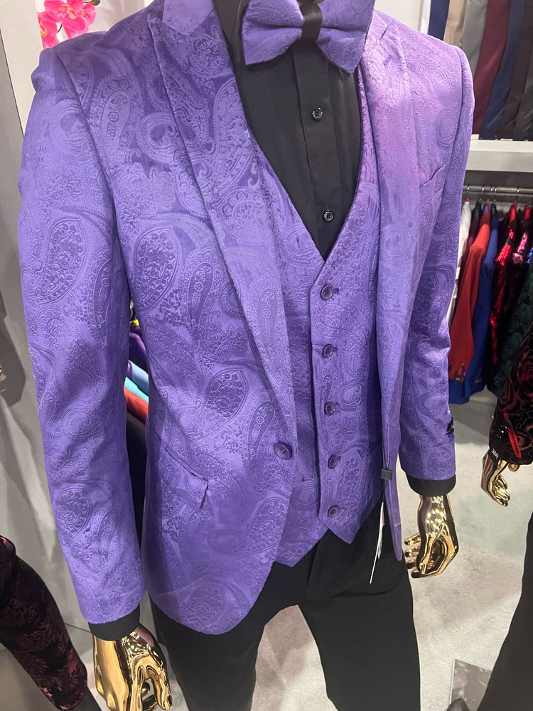 Men’s Purple Paisley Tuxedo Suit – 3 Piece Formal Set with Vest and Bow Tie