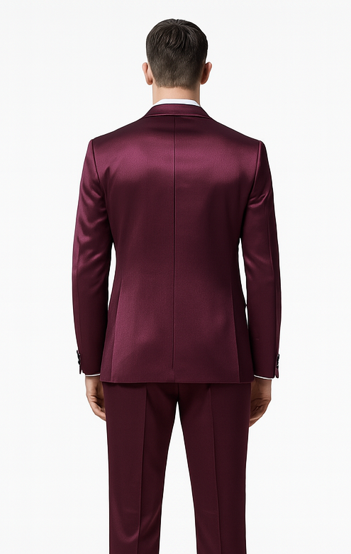 Purple Satin 3 Piece Skinny Fit Tazzio Men's Suit with Double Breasted Vest and Peak Lapel