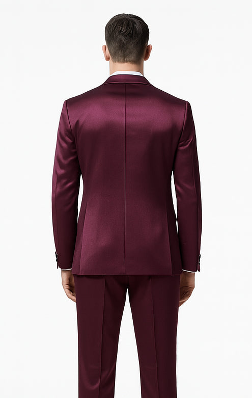 Purple Satin 3 Piece Skinny Fit Tazzio Men's Suit with Double Breasted Vest and Peak Lapel