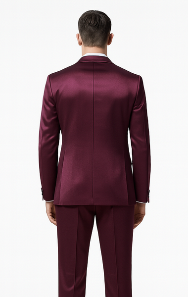 Purple Satin 3 Piece Skinny Fit Tazzio Men's Suit with Double Breasted Vest and Peak Lapel