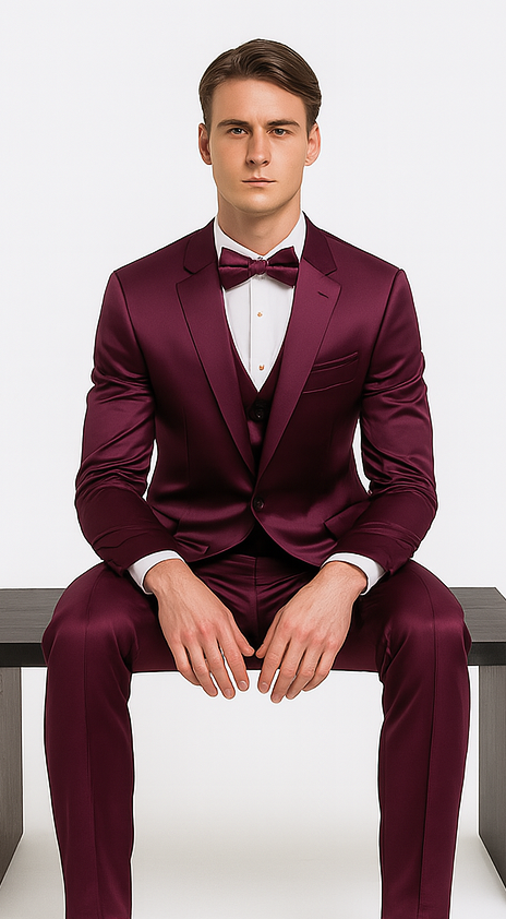 Purple Satin 3 Piece Skinny Fit Tazzio Men's Suit with Double Breasted Vest and Peak Lapel
