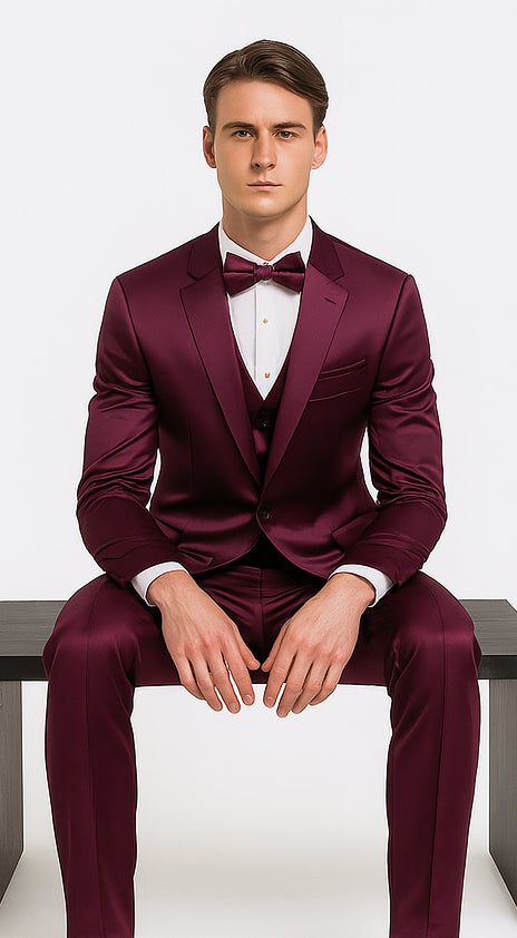 Purple Satin 3 Piece Skinny Fit Tazzio Men's Suit with Double Breasted Vest and Peak Lapel