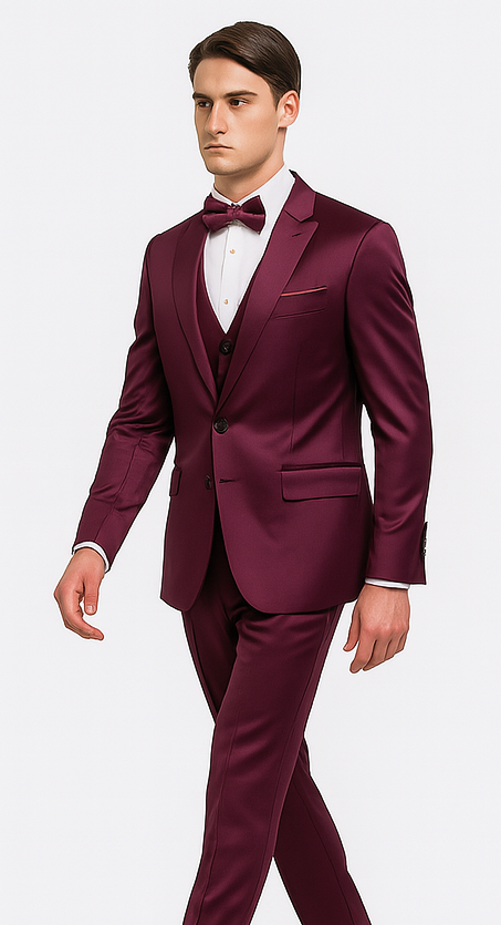 Purple Satin 3 Piece Skinny Fit Tazzio Men's Suit with Double Breasted Vest and Peak Lapel