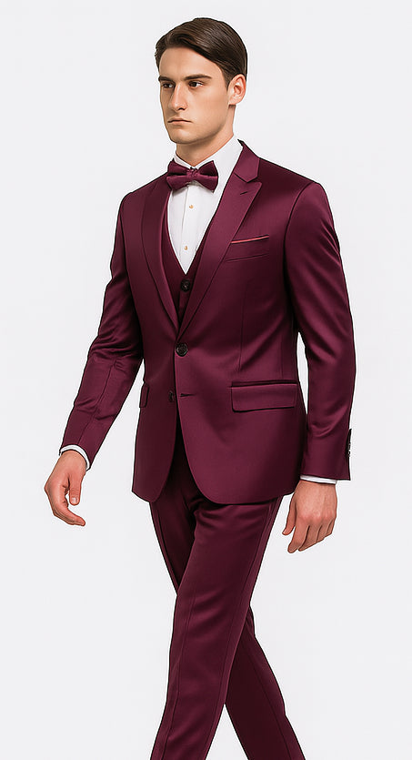 Purple Satin 3 Piece Skinny Fit Tazzio Men's Suit with Double Breasted Vest and Peak Lapel