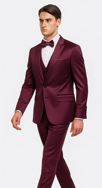 Purple Satin 3 Piece Skinny Fit Tazzio Men's Suit with Double Breasted Vest and Peak Lapel