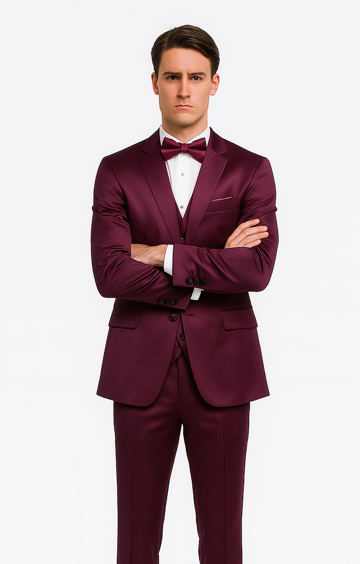 Purple Satin 3 Piece Skinny Fit Tazzio Men's Suit with Double Breasted Vest and Peak Lapel