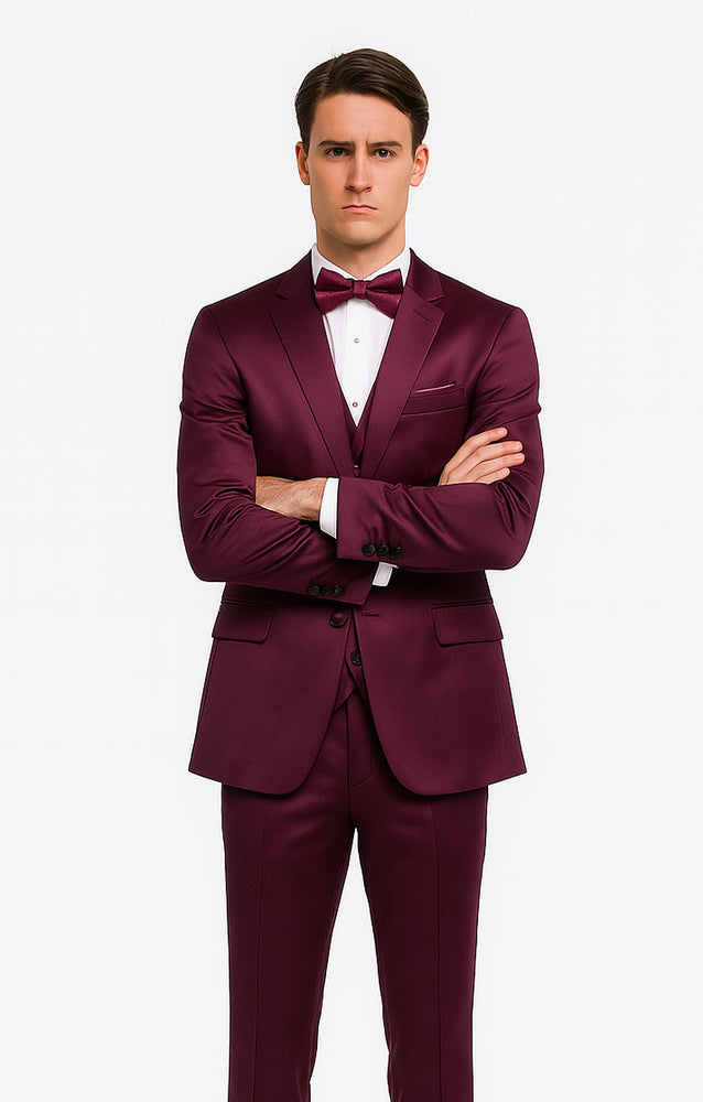 Purple Satin 3 Piece Skinny Fit Tazzio Men's Suit with Double Breasted Vest and Peak Lapel