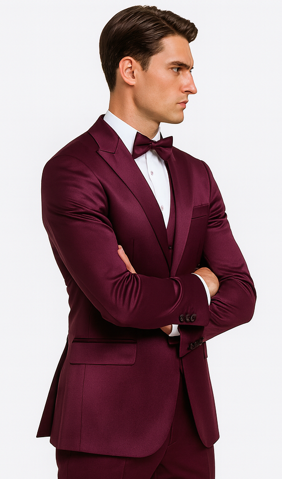 Purple Satin 3 Piece Skinny Fit Tazzio Men's Suit with Double Breasted Vest and Peak Lapel