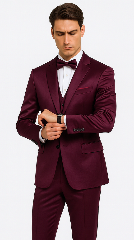 Purple Satin 3 Piece Skinny Fit Tazzio Men's Suit with Double Breasted Vest and Peak Lapel
