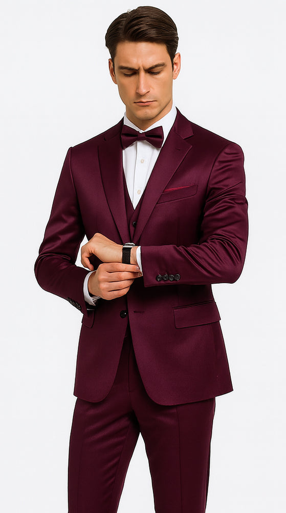 Purple Satin 3 Piece Skinny Fit Tazzio Men's Suit with Double Breasted Vest and Peak Lapel