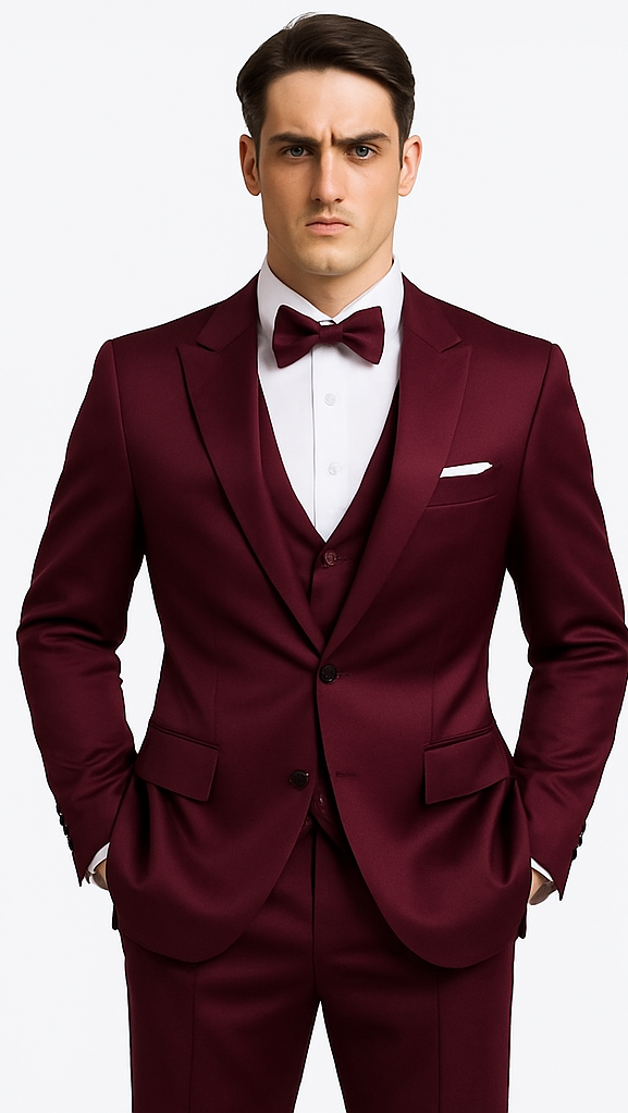 Purple Satin 3 Piece Skinny Fit Tazzio Men's Suit with Double Breasted Vest and Peak Lapel