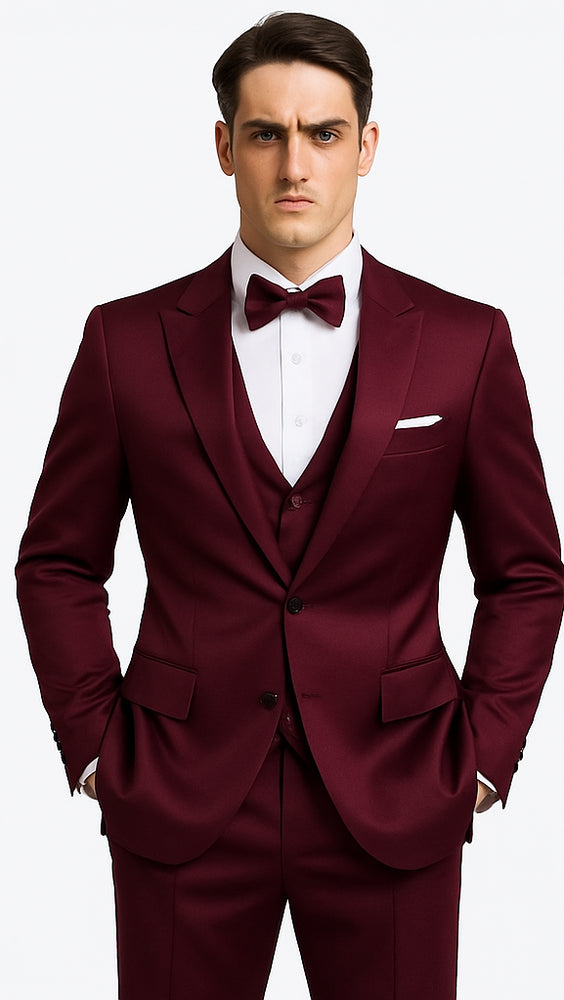 Purple Satin 3 Piece Skinny Fit Tazzio Men's Suit with Double Breasted Vest and Peak Lapel