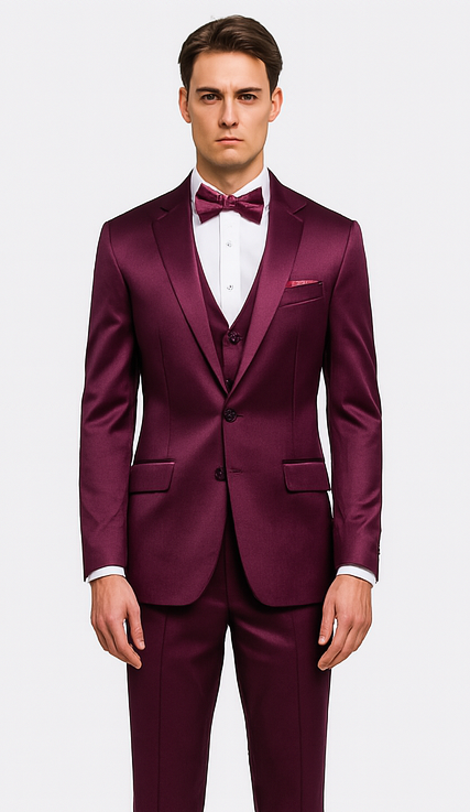 Purple Satin 3 Piece Skinny Fit Tazzio Men's Suit with Double Breasted Vest and Peak Lapel